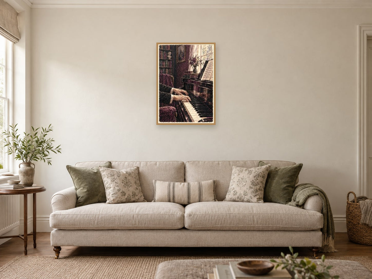 Hands over the Piano — A2 artwork shown in a room with a natural wood frame; select a framed finish to include a frame