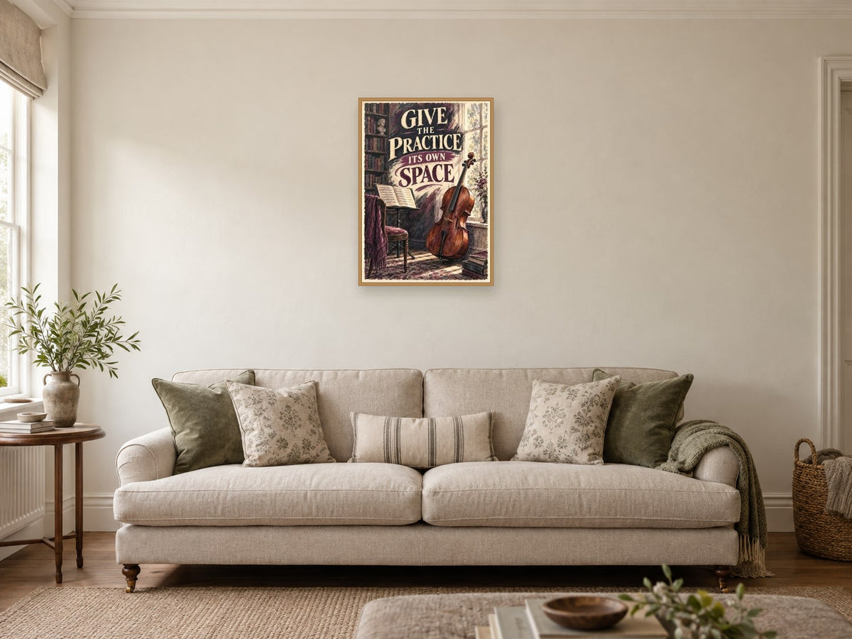 Give the Practice Its Own Space — A2 artwork shown in a room with a natural wood frame; select a framed finish to include a frame