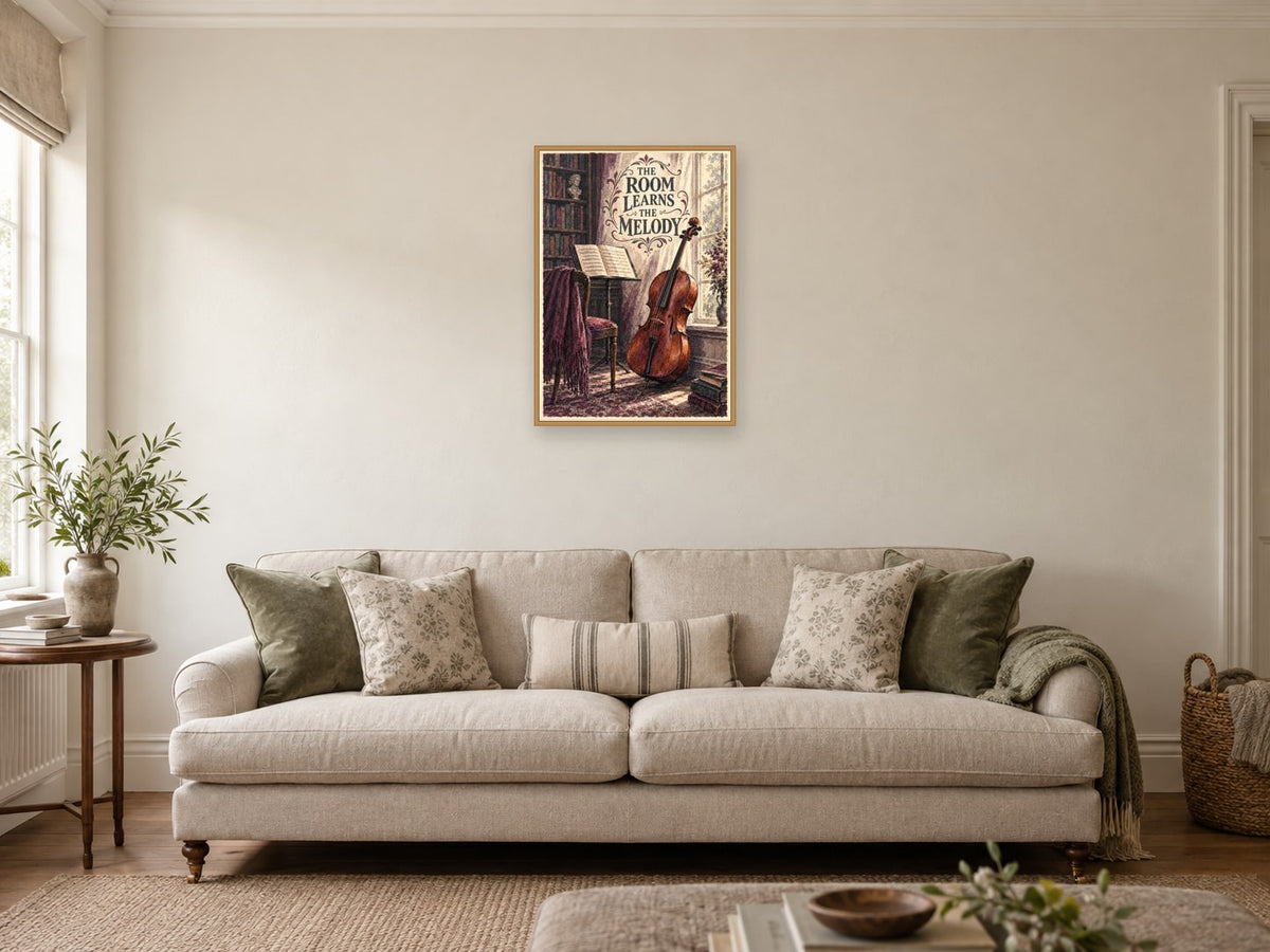 The Room Learns the Melody — A2 artwork shown in a room with a natural wood frame; select a framed finish to include a frame