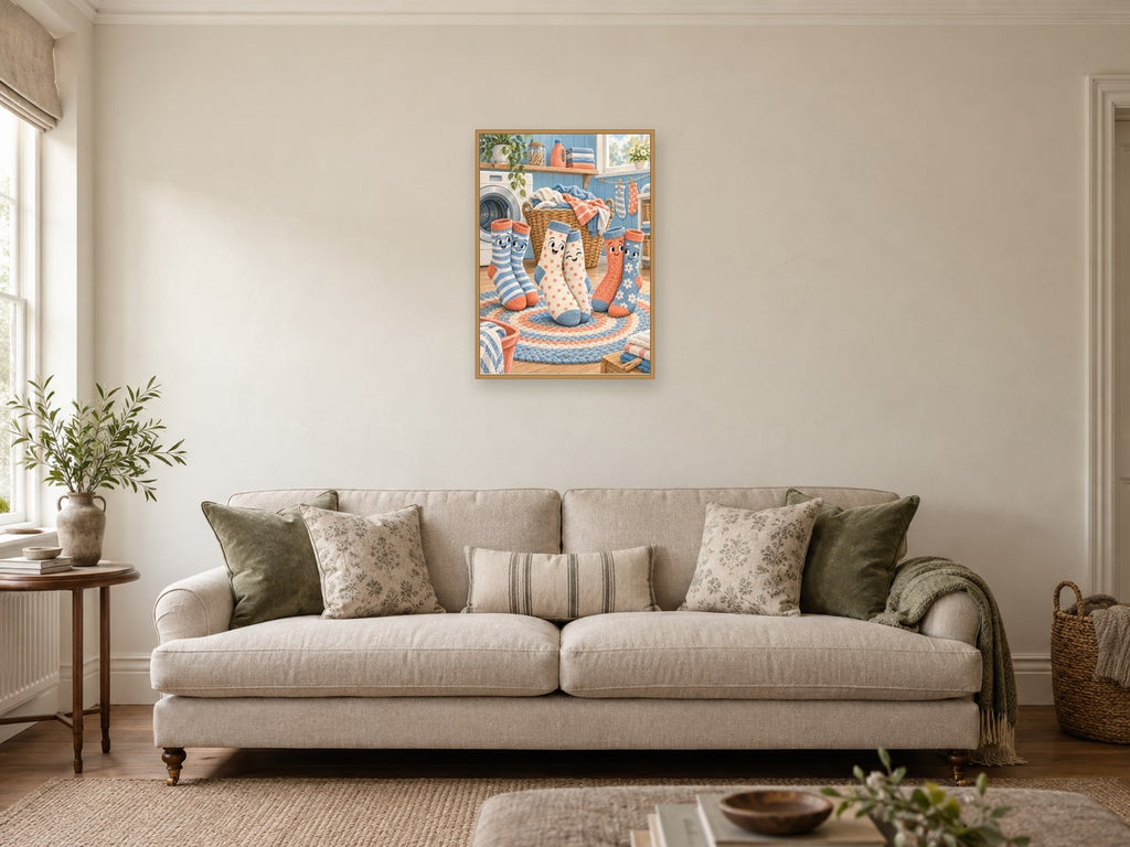 Socks in Conversation — A2 artwork shown in a room with a natural wood frame; select a framed finish to include a frame