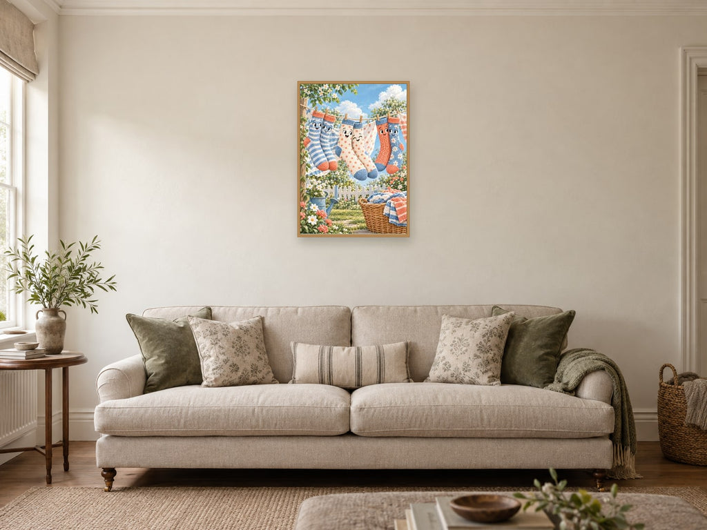 Sheets in the Breeze — A2 artwork shown in a room with a natural wood frame; select a framed finish to include a frame