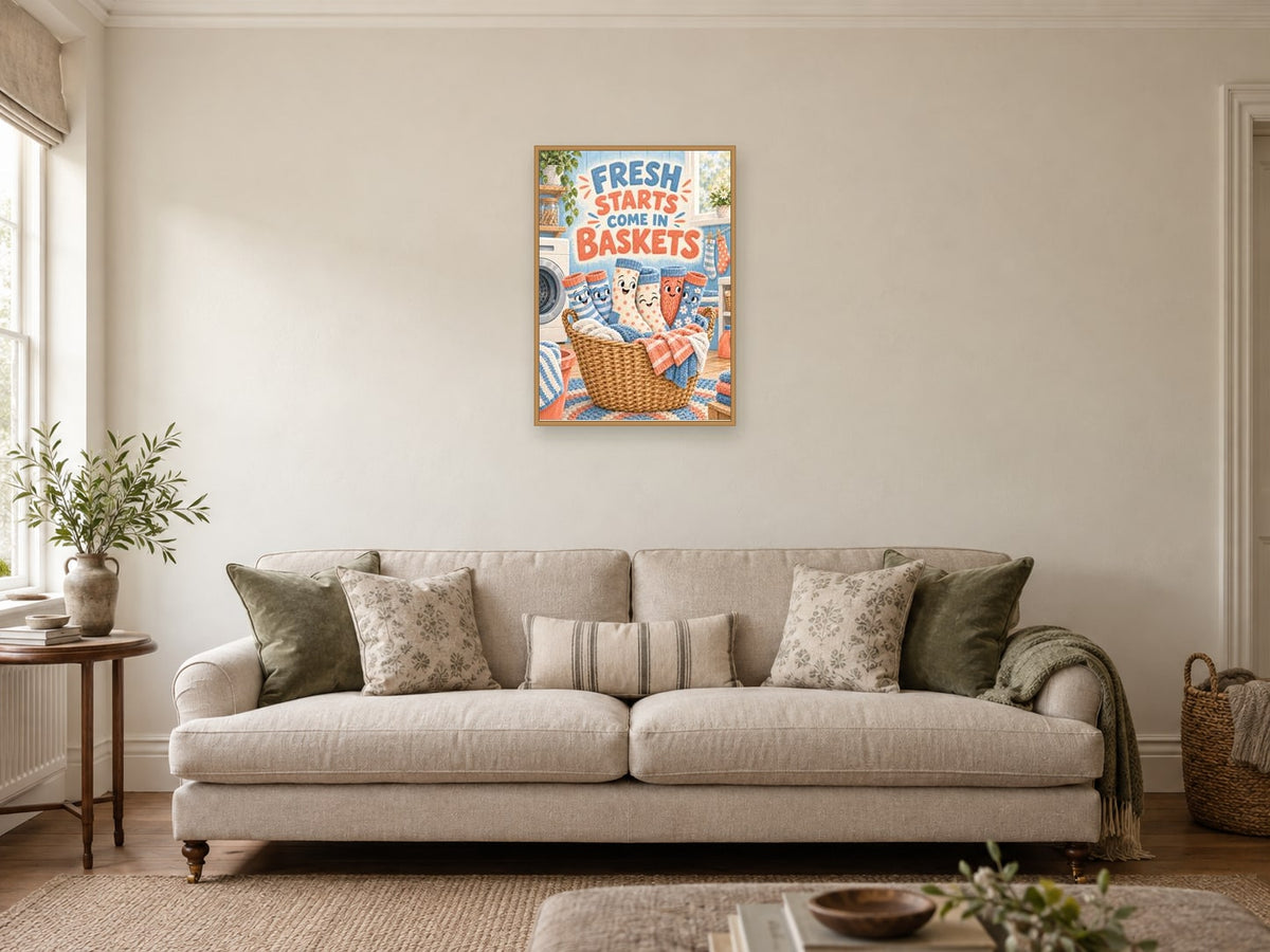 Fresh Starts Come in Baskets — A2 artwork shown in a room with a natural wood frame; select a framed finish to include a frame