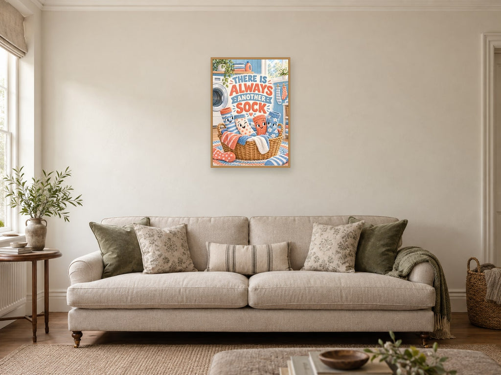There Is Always Another Sock — A2 artwork shown in a room with a natural wood frame; select a framed finish to include a frame