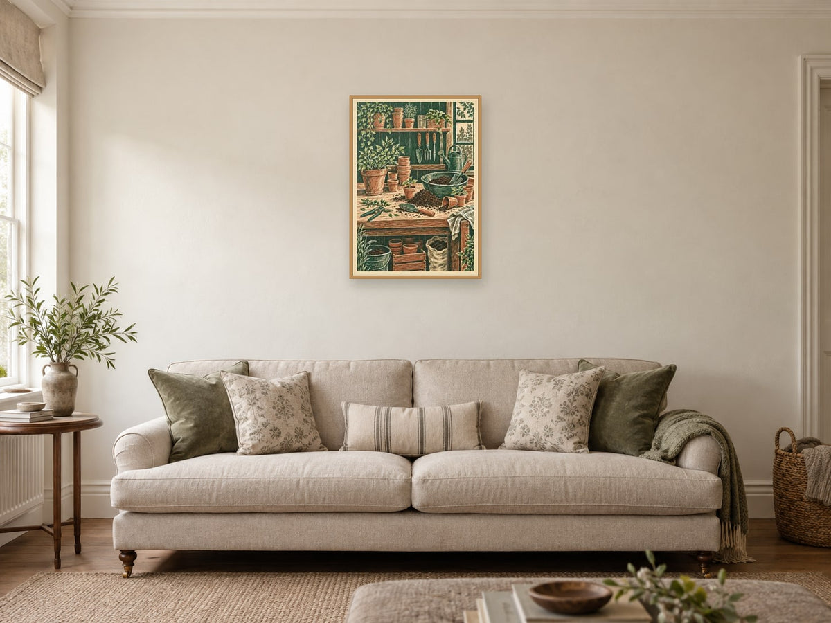 The Potting Bench — A2 artwork shown in a room with a natural wood frame; select a framed finish to include a frame