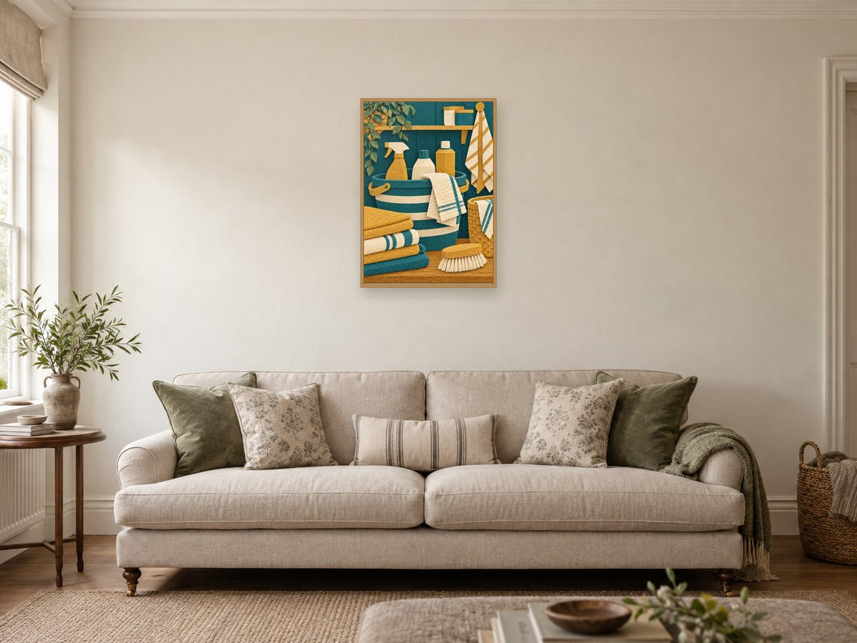 The Shelf of Useful Things — A2 artwork shown in a room with a natural wood frame; select a framed finish to include a frame