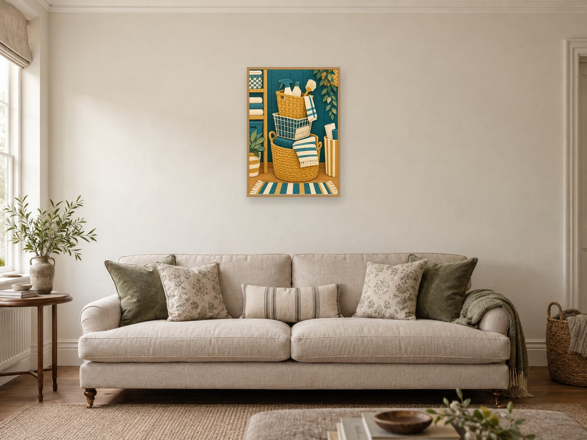 The Colourful Basket Stack — A2 artwork shown in a room with a natural wood frame; select a framed finish to include a frame