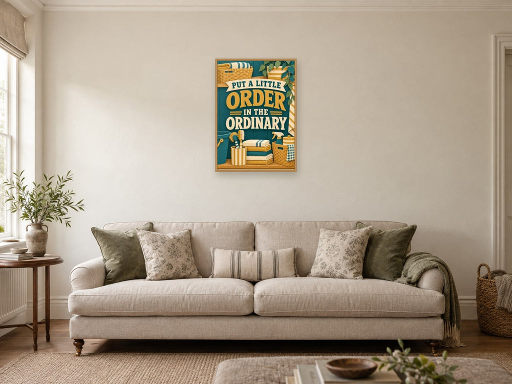 Put a Little Order in the Ordinary — A2 artwork shown in a room with a natural wood frame; select a framed finish to include a frame