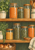 Glass jars of lentils and herbs on wooden shelves — artwork detail