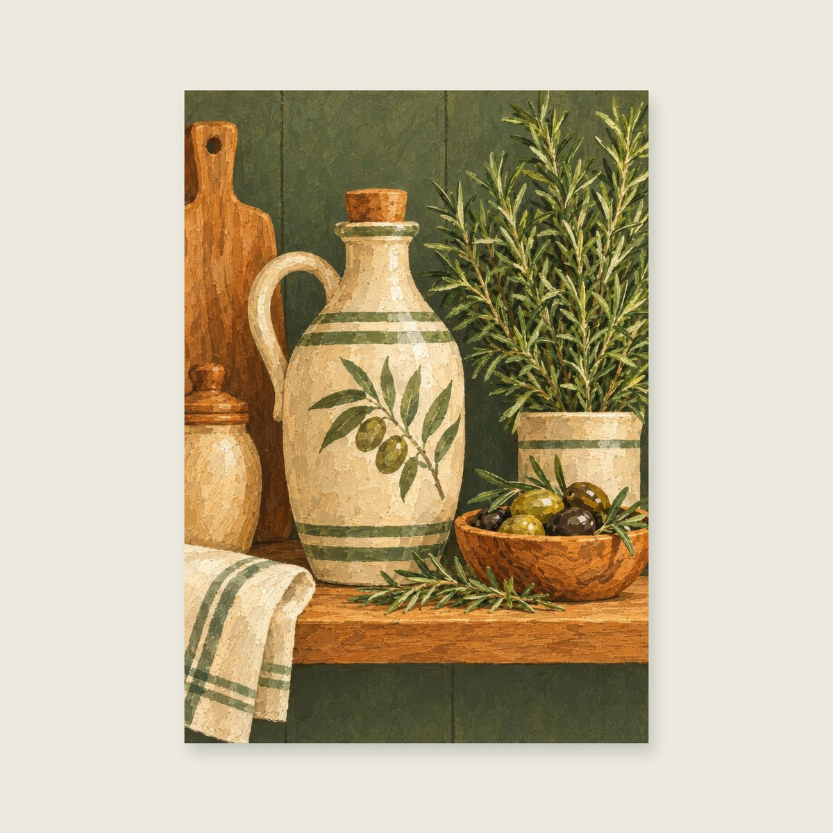 Ceramic oil jug — Rich editorial gouache kitchen art print