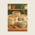 Sacks of grain and a striped mixing bowl — Rich editorial gouache kitchen art print