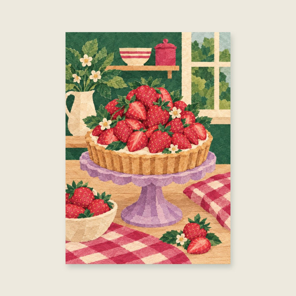 Strawberry tart on a lilac pedestal — Bold painted paper collage kitchen art print