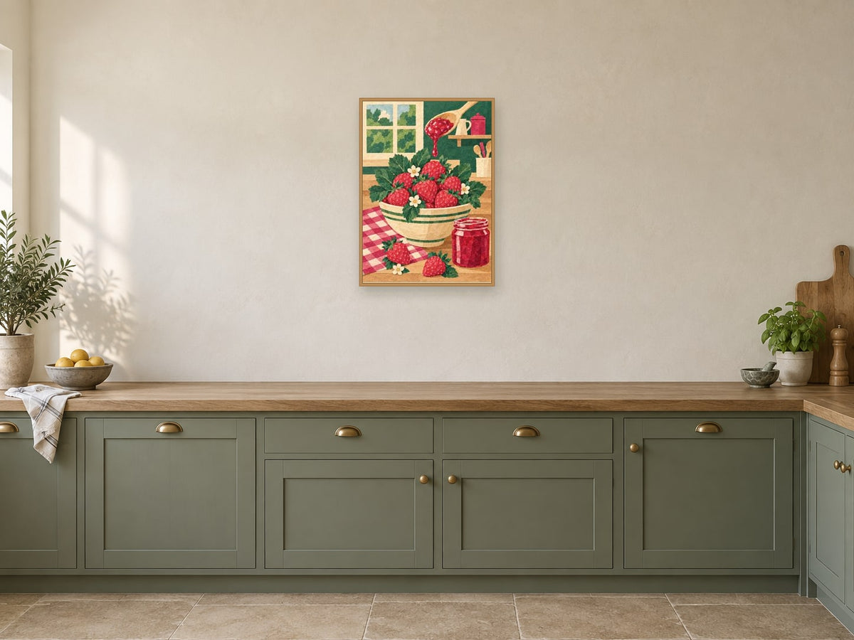 Jam spoon above a ripe berry arrangement — A2 artwork shown in a room with a natural wood frame; select a framed finish to include a frame