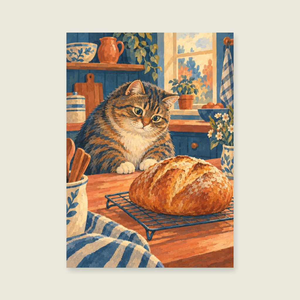 plump tabby watching a cooling loaf — Expressive narrative gouache kitchen art print