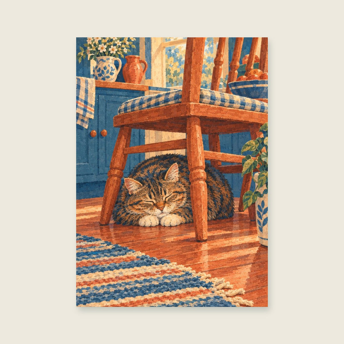 tabby asleep under a kitchen chair — Expressive narrative gouache kitchen art print