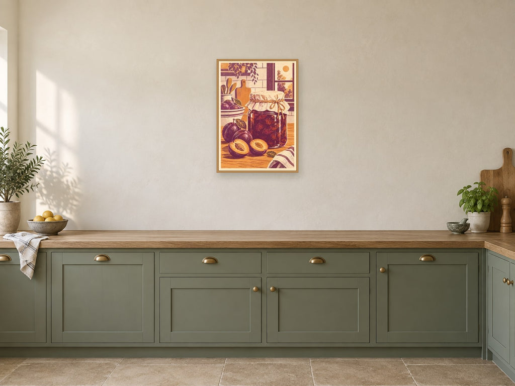 Plum preserve in an unlabelled jar — A2 artwork shown in a room with a natural wood frame; select a framed finish to include a frame
