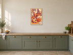 Apricots and a copper preserving pan — A2 artwork shown in a room with a natural wood frame; select a framed finish to include a frame