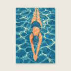 Swimmer seen from above in clear blue water — Stylised painterly illustration bathroom art print
