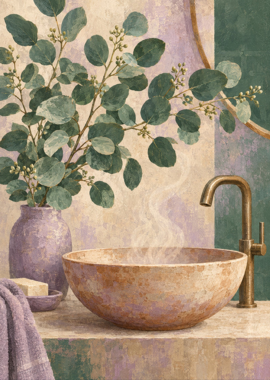 Eucalyptus above a warm ceramic basin — artwork detail
