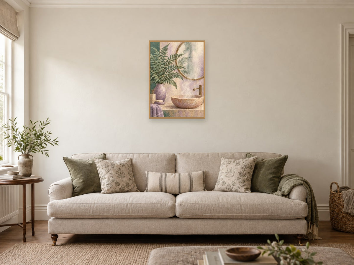 Fern leaves — A2 artwork shown in a room with a natural wood frame; select a framed finish to include a frame