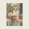 Olive soap dish and rippling water — Atmospheric textured gouache bathroom art print