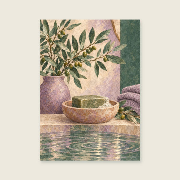 Olive soap dish and rippling water Art Print