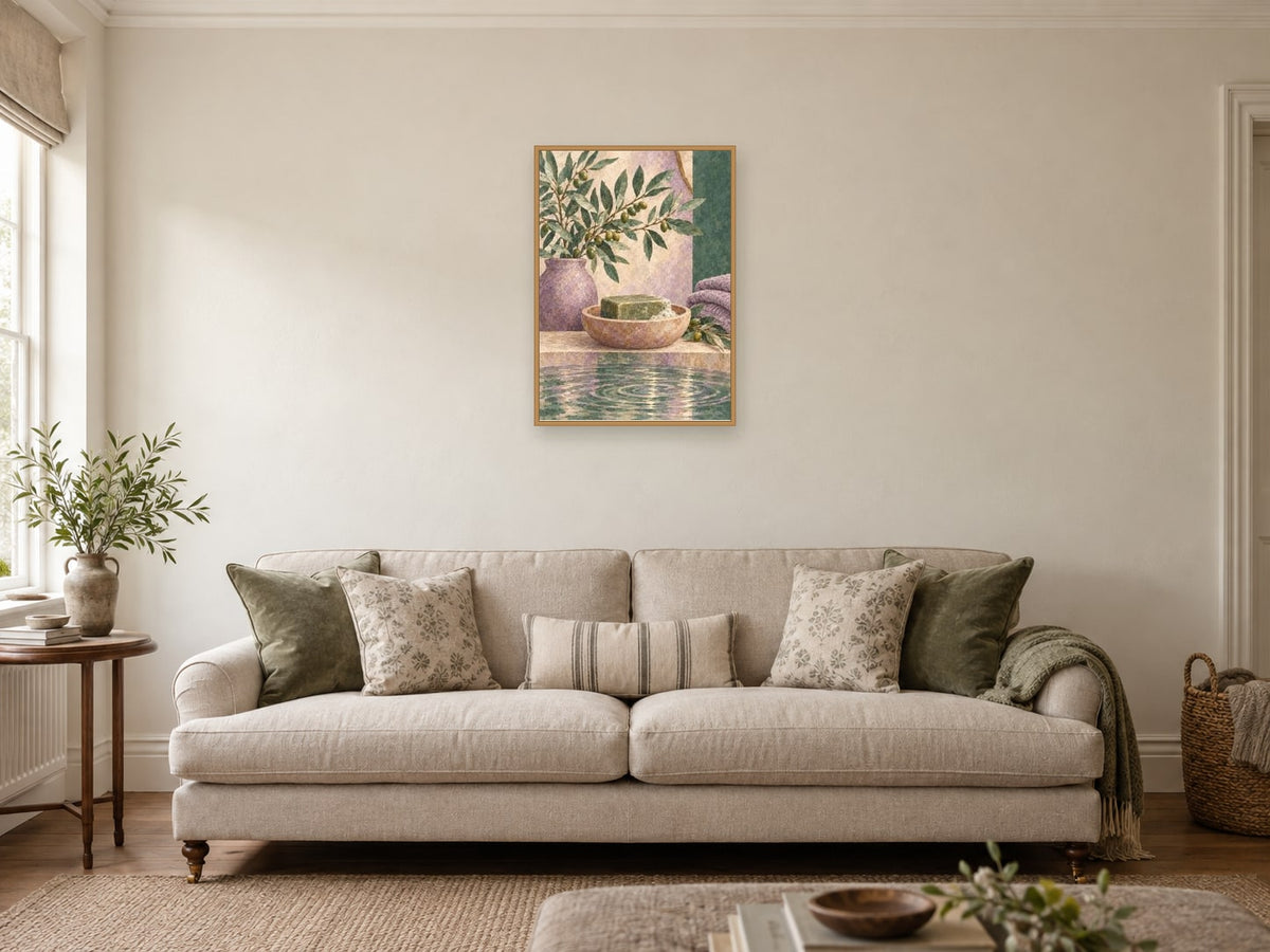 Olive soap dish and rippling water — A2 artwork shown in a room with a natural wood frame; select a framed finish to include a frame