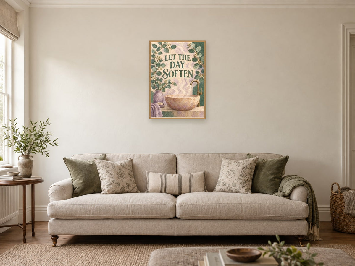 Let The Day Soften — A2 artwork shown in a room with a natural wood frame; select a framed finish to include a frame