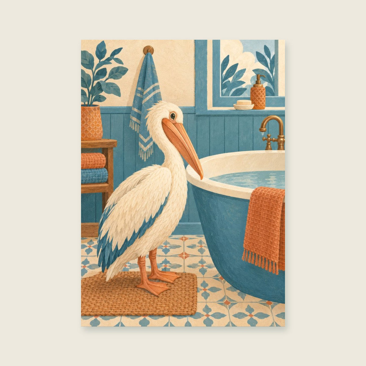 cream pelican — Original character illustration bathroom art print