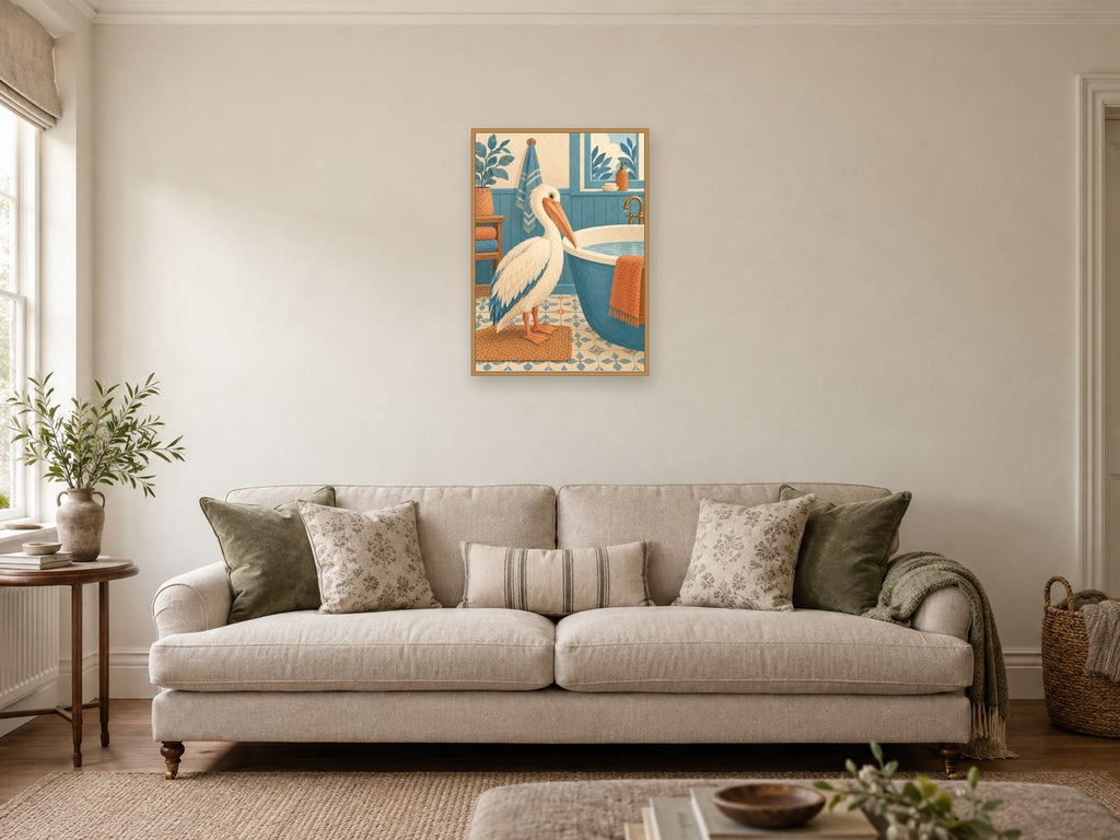 cream pelican — A2 artwork shown in a room with a natural wood frame; select a framed finish to include a frame