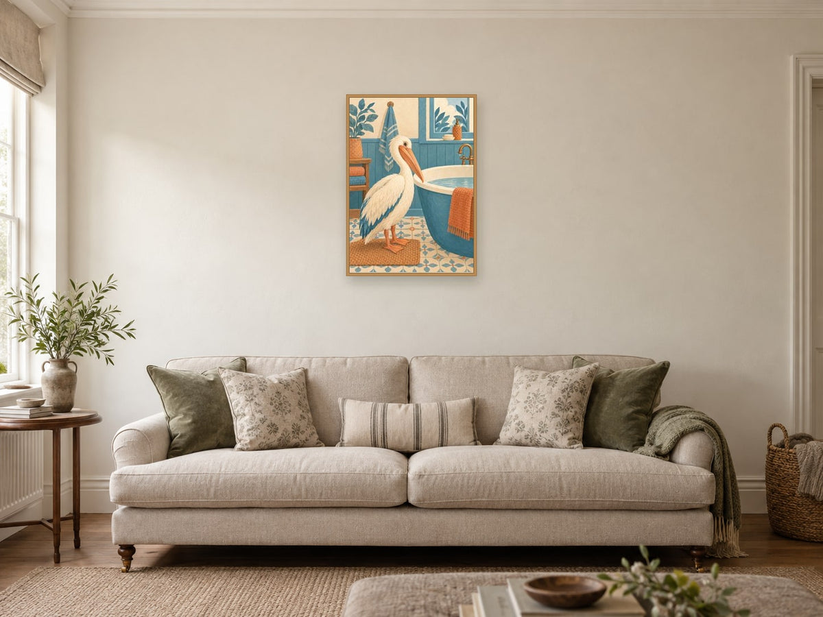 cream pelican — A2 artwork shown in a room with a natural wood frame; select a framed finish to include a frame