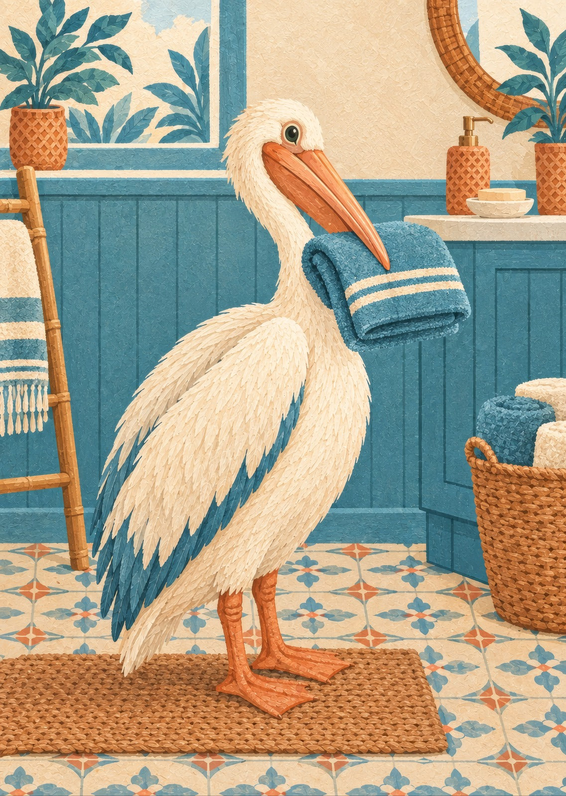 pelican balancing a folded towel — artwork detail