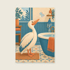 pelican looking at one drifting soap bubble — Original character illustration bathroom art print