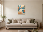 pelican looking at one drifting soap bubble — A2 artwork shown in a room with a natural wood frame; select a framed finish to include a frame