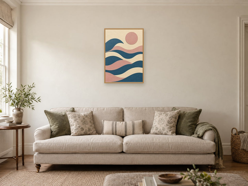 Broad overlapping tide shapes around a circular sun — A2 artwork shown in a room with a natural wood frame; select a framed finish to include a frame