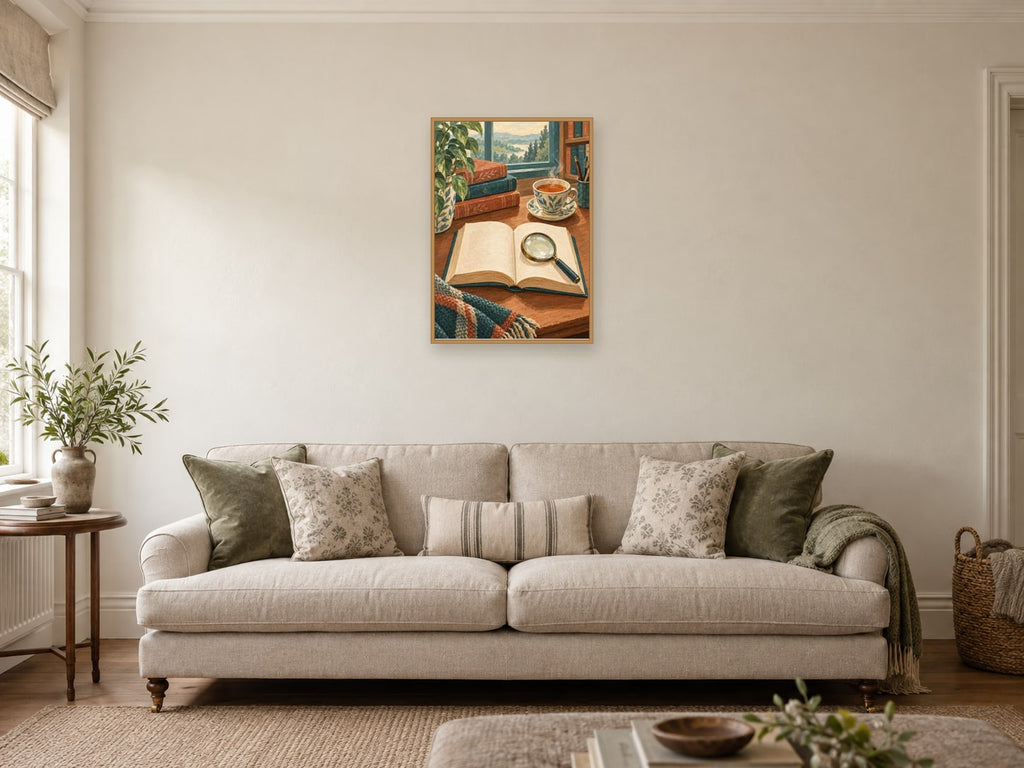 open unlettered book — A2 artwork shown in a room with a natural wood frame; select a framed finish to include a frame