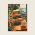 Stacked books — Detailed editorial gouache home office art print