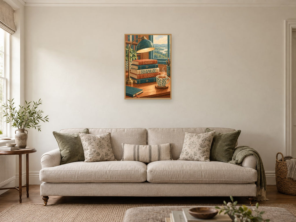 Stacked books — A2 artwork shown in a room with a natural wood frame; select a framed finish to include a frame