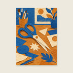 Oversized scissors and paper shapes across a workbench — Tactile painted collage home office art print