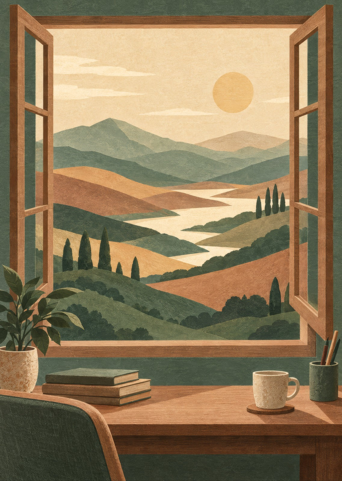Layered imaginary hills through an open window — artwork detail