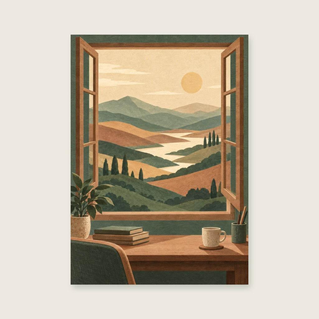 Layered imaginary hills through an open window — Contemporary imaginary landscape home office art print