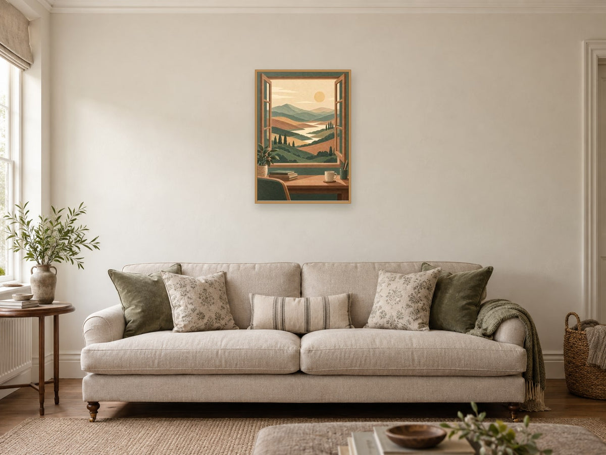 Layered imaginary hills through an open window — A2 artwork shown in a room with a natural wood frame; select a framed finish to include a frame