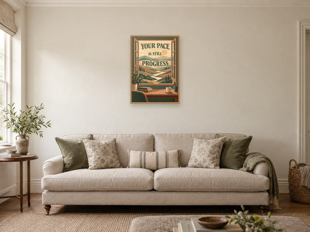 Your Pace Is Still Progress — A2 artwork shown in a room with a natural wood frame; select a framed finish to include a frame