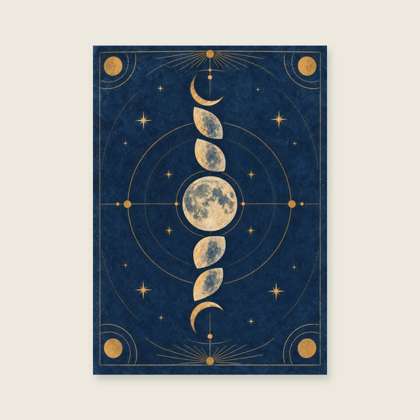 Graphic lunar phases in a richly textured blue field Art Print