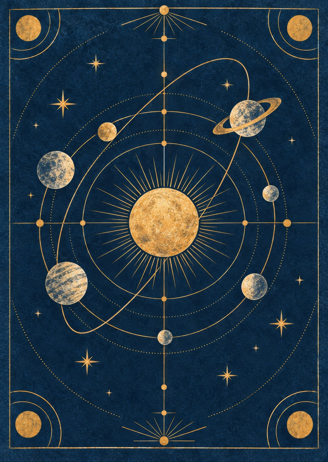 Stylised orbital arcs around one golden sphere — artwork detail