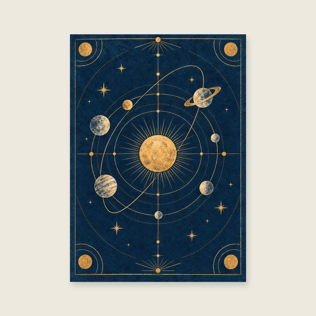 Stylised orbital arcs around one golden sphere — Scientific-inspired graphic art home office art print