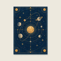 Stylised orbital arcs around one golden sphere — Scientific-inspired graphic art home office art print