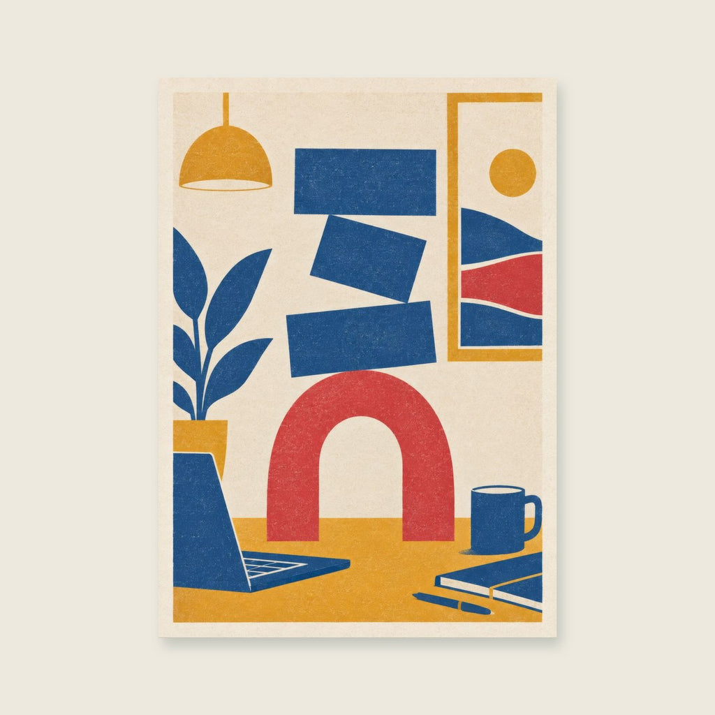 Offset cobalt blocks balancing on a coral arch — Confident geometric screenprint home office art print