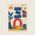 Offset cobalt blocks balancing on a coral arch — Confident geometric screenprint home office art print