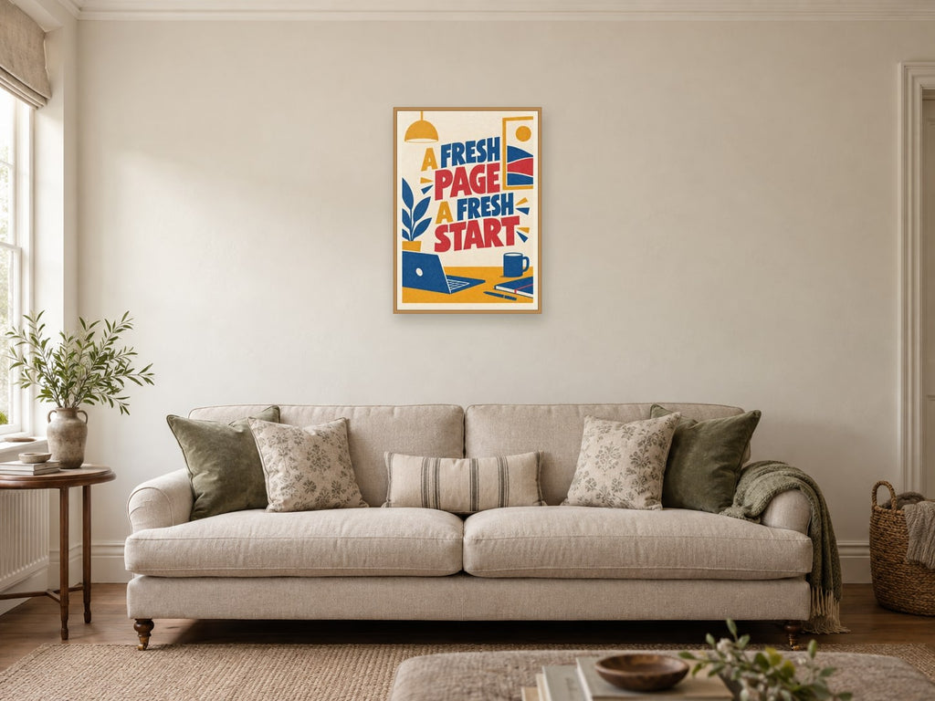 Fresh Page A Fresh Start — A2 artwork shown in a room with a natural wood frame; select a framed finish to include a frame