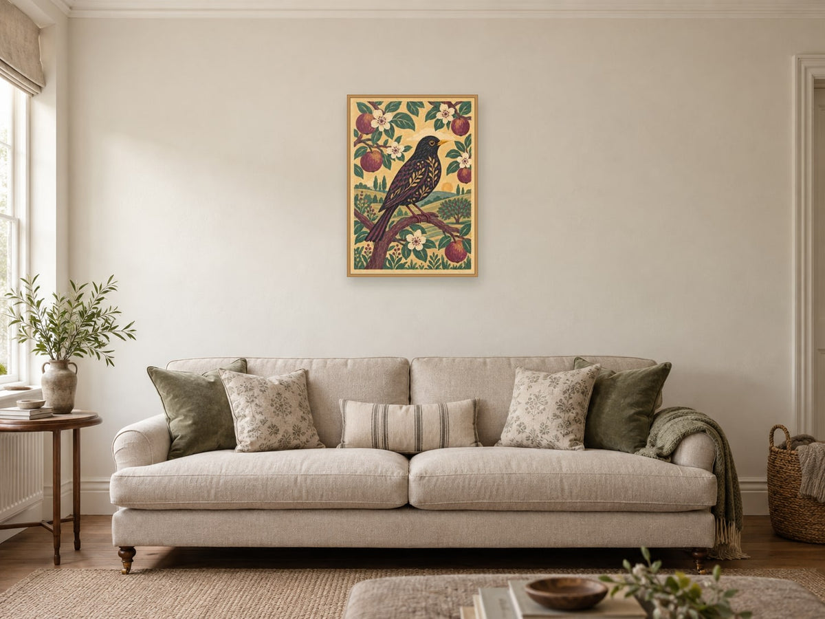 patterned blackbird in an imagined orchard — A2 artwork shown in a room with a natural wood frame; select a framed finish to include a frame